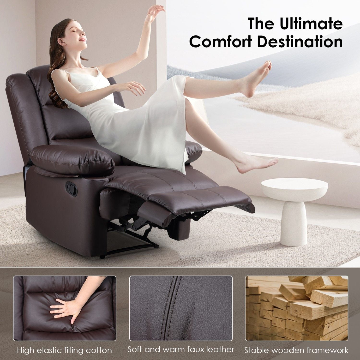 Armchair PU Leather Recliner Chair 110°-160° Manual Reclining Sofa with Padded Backrest Seat Retractable Footrest