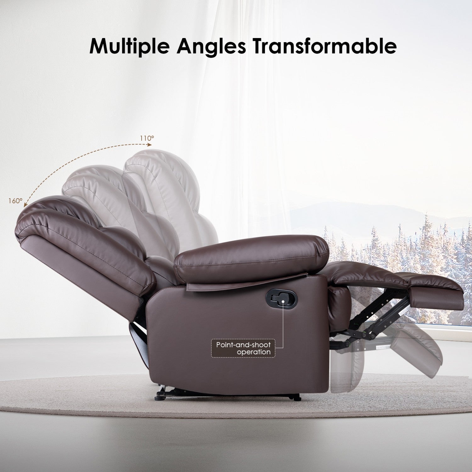 Armchair PU Leather Recliner Chair 110°-160° Manual Reclining Sofa with Padded Backrest Seat Retractable Footrest