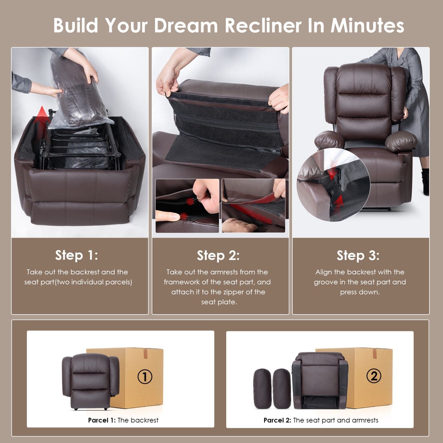 Armchair PU Leather Recliner Chair 110°-160° Manual Reclining Sofa with Padded Backrest Seat Retractable Footrest