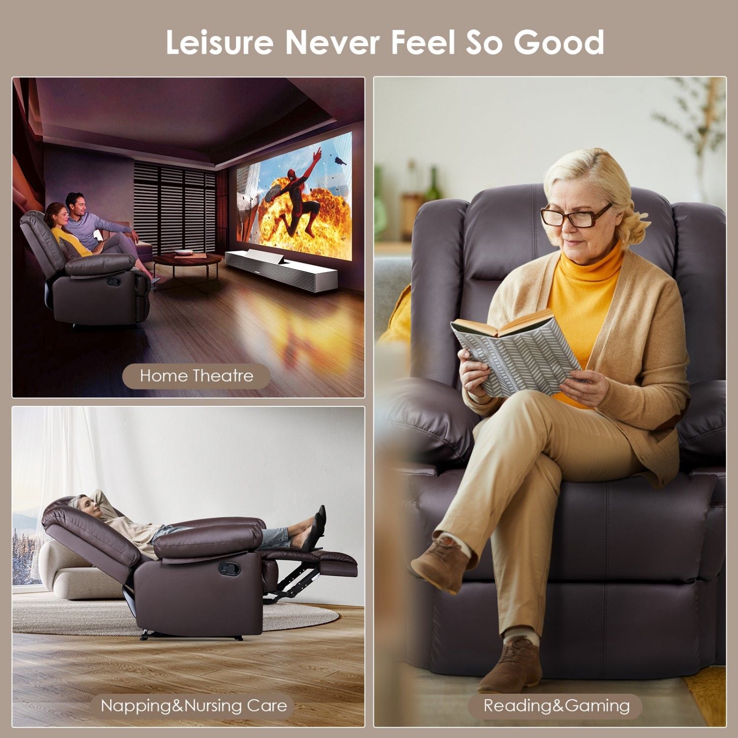 Armchair PU Leather Recliner Chair 110°-160° Manual Reclining Sofa with Padded Backrest Seat Retractable Footrest
