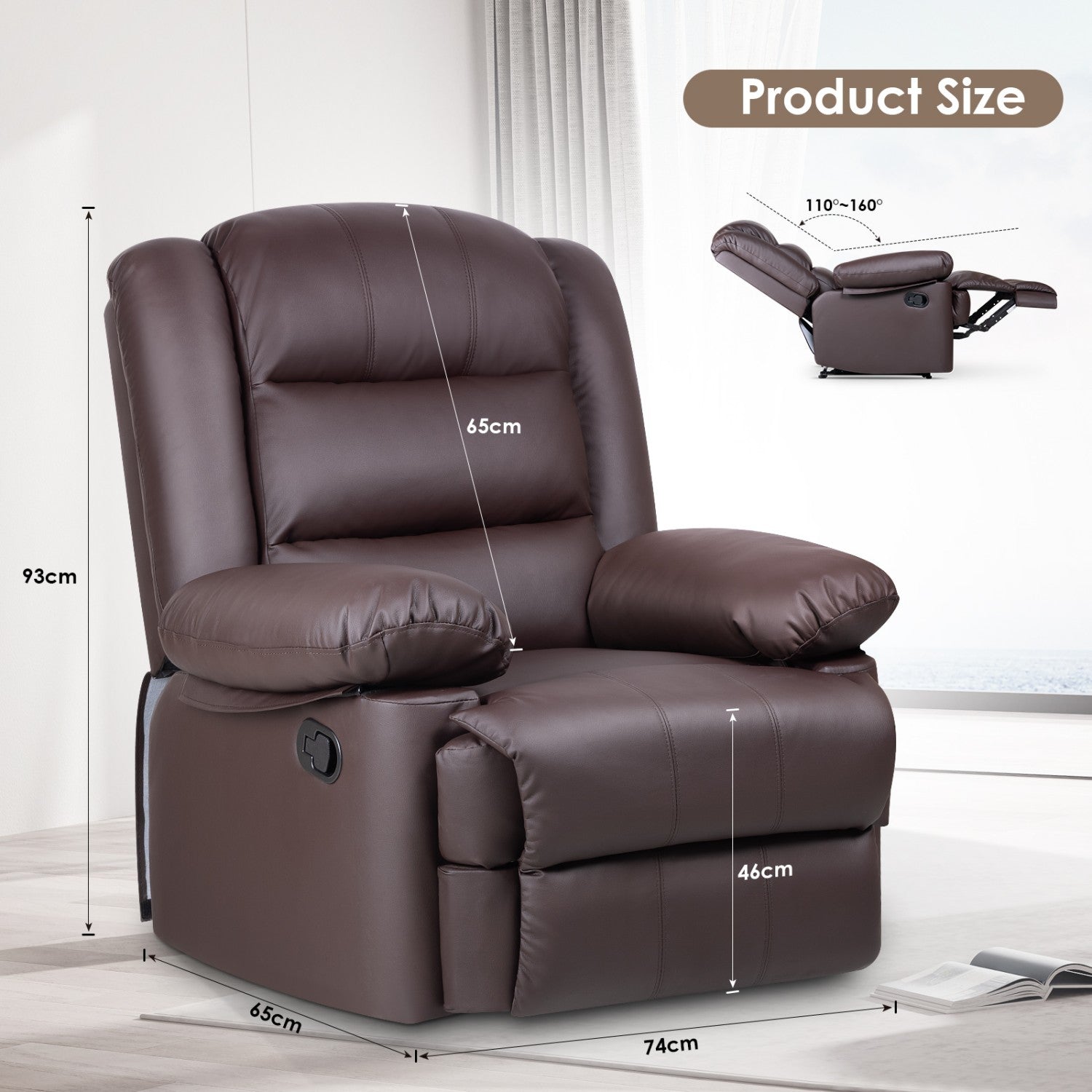 Armchair PU Leather Recliner Chair 110°-160° Manual Reclining Sofa with Padded Backrest Seat Retractable Footrest