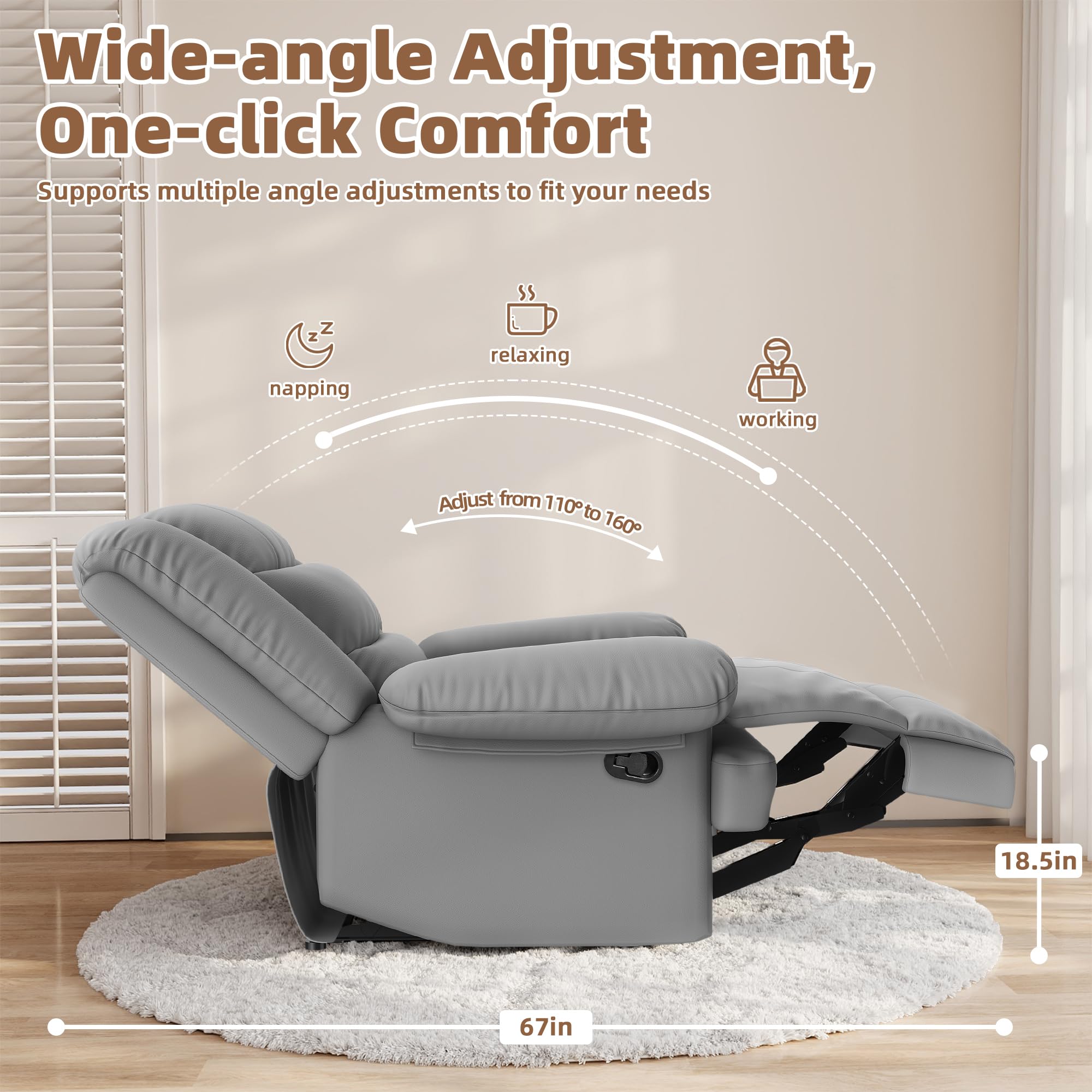 Armchair PU Leather Recliner Chair 110°-160° Manual Reclining Sofa with Padded Backrest Seat Retractable Footrest