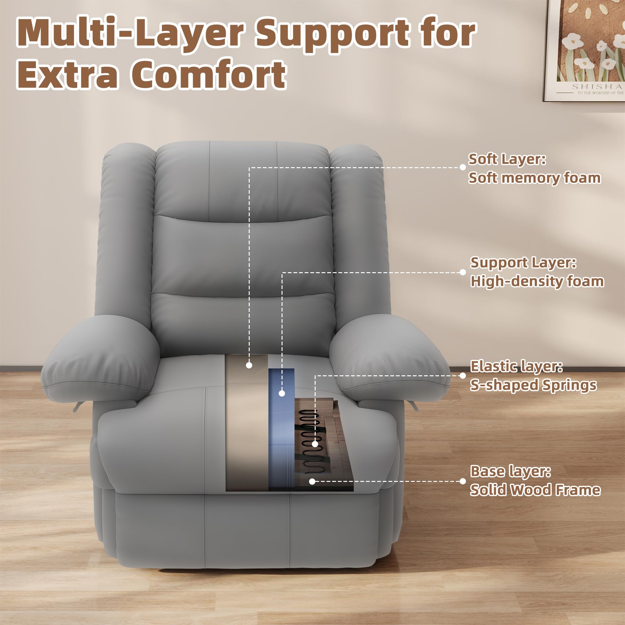 Armchair PU Leather Recliner Chair 110°-160° Manual Reclining Sofa with Padded Backrest Seat Retractable Footrest