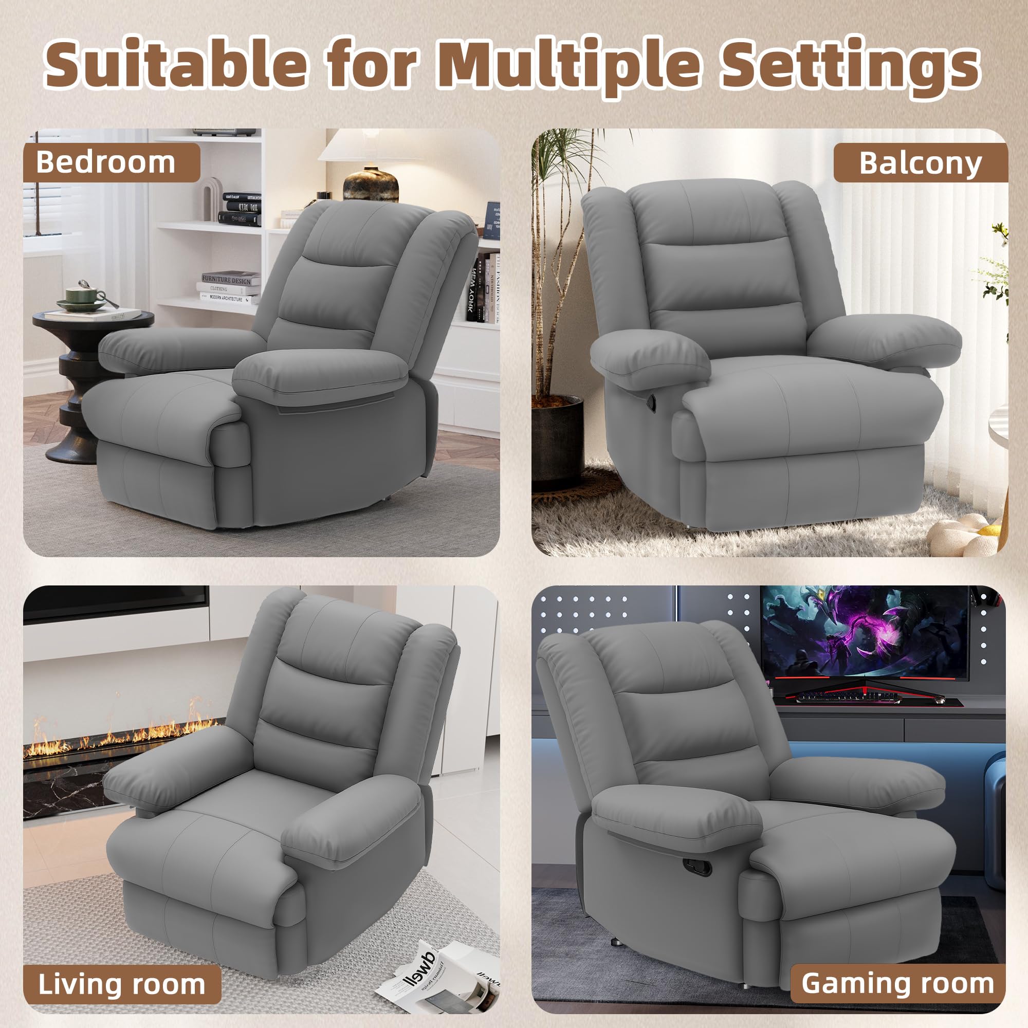 Armchair PU Leather Recliner Chair 110°-160° Manual Reclining Sofa with Padded Backrest Seat Retractable Footrest