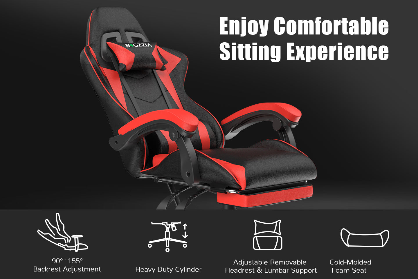 Ergonomic Gaming Chair 155° Reclining Swivel Chair with Headrest, Lumbar Support PU Leather Office Chair