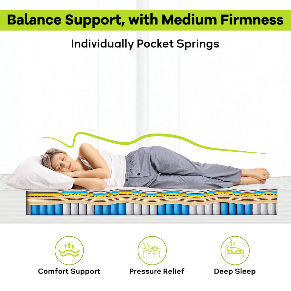 25CM Memory Foam Pocket Spring Mattress Hybrid Mattresses Medium Firm with Breathable Knitted Fabric