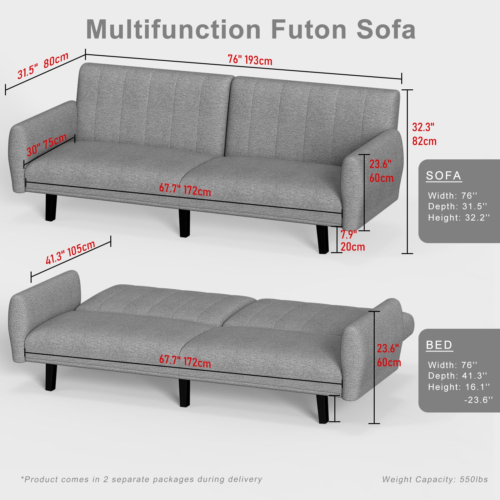 Sofa Bed Convertible Lounge Couch 3-Seater Recliner