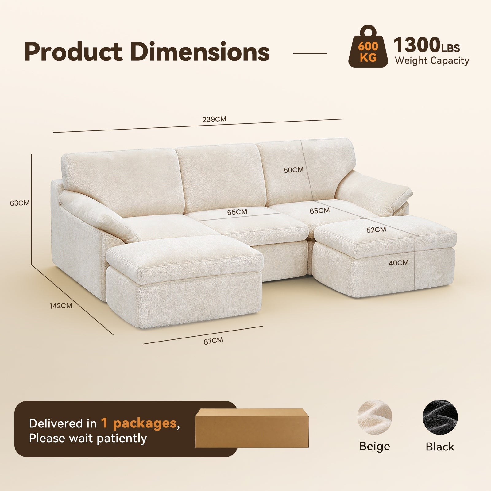 5 Seats U-shaped Sectional Sofa Boneless Couch Cloud Comfy Modular Sofa, Flexible Combination, Installation Free