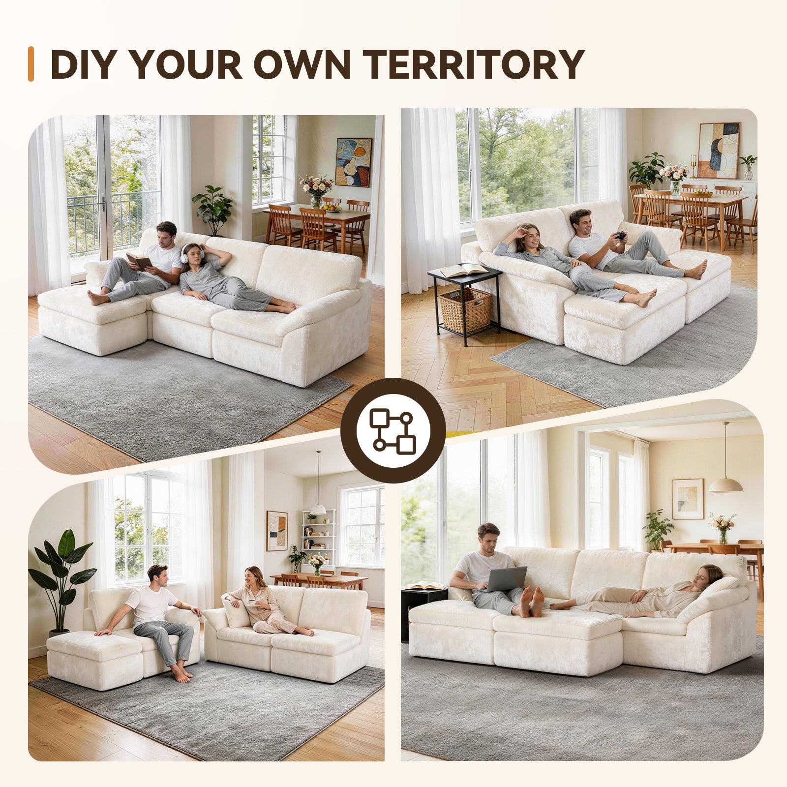 5 Seats U-shaped Sectional Sofa Boneless Couch Cloud Comfy Modular Sofa, Flexible Combination, Installation Free