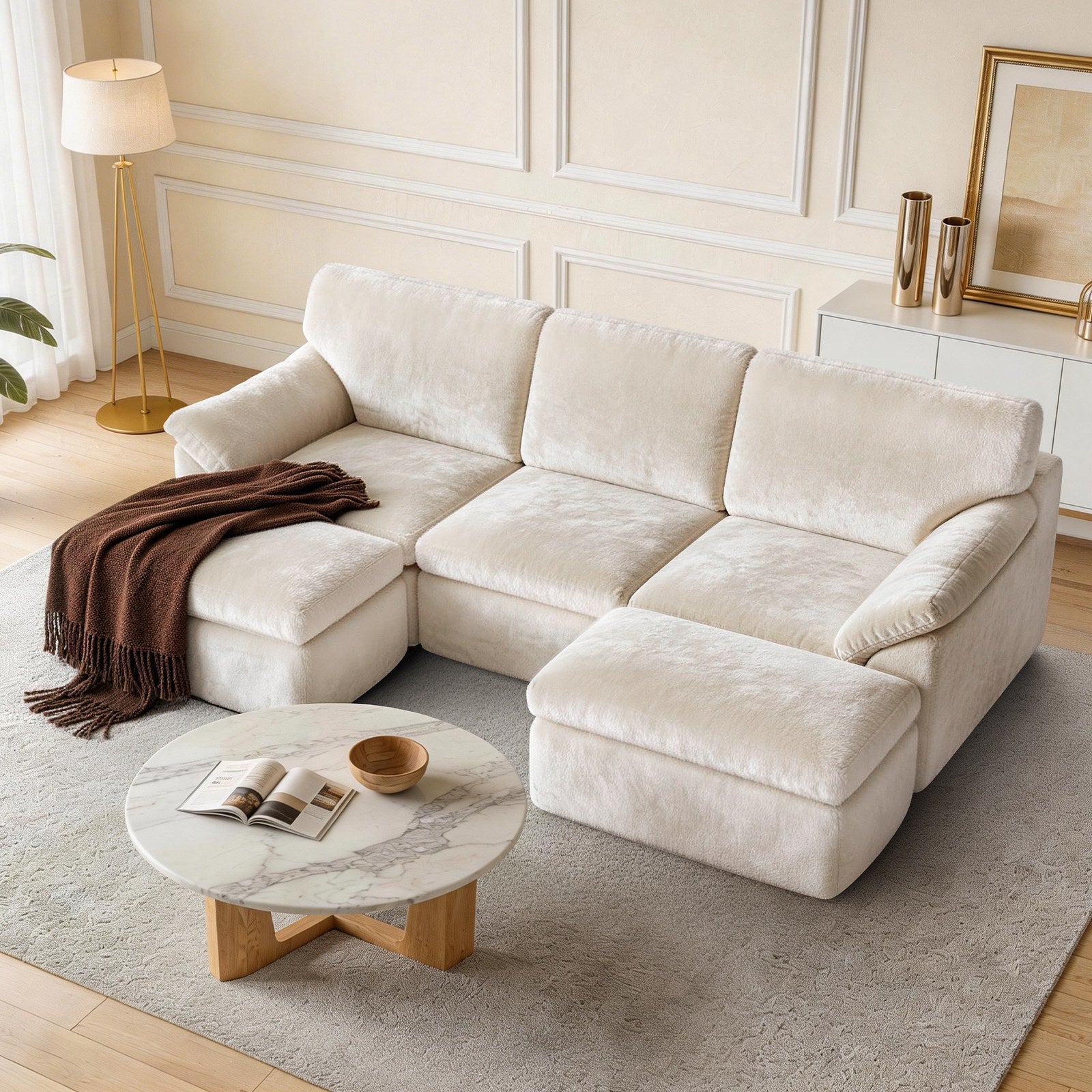 5 Seats U-shaped Sectional Sofa Boneless Couch Cloud Comfy Modular Sofa, Flexible Combination, Installation Free