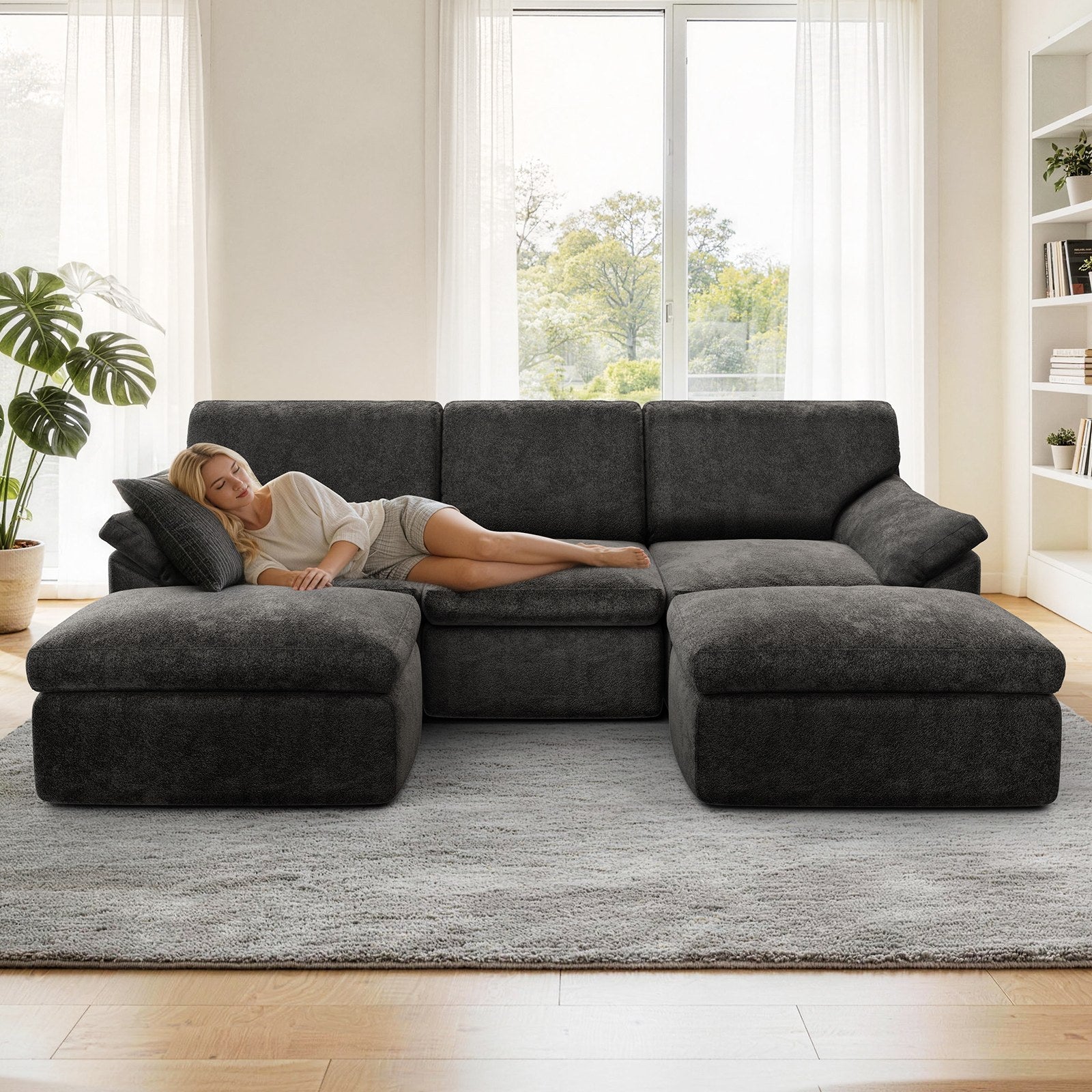 5 Seats U-shaped Sectional Sofa Boneless Couch Cloud Comfy Modular Sofa, Flexible Combination, Installation Free