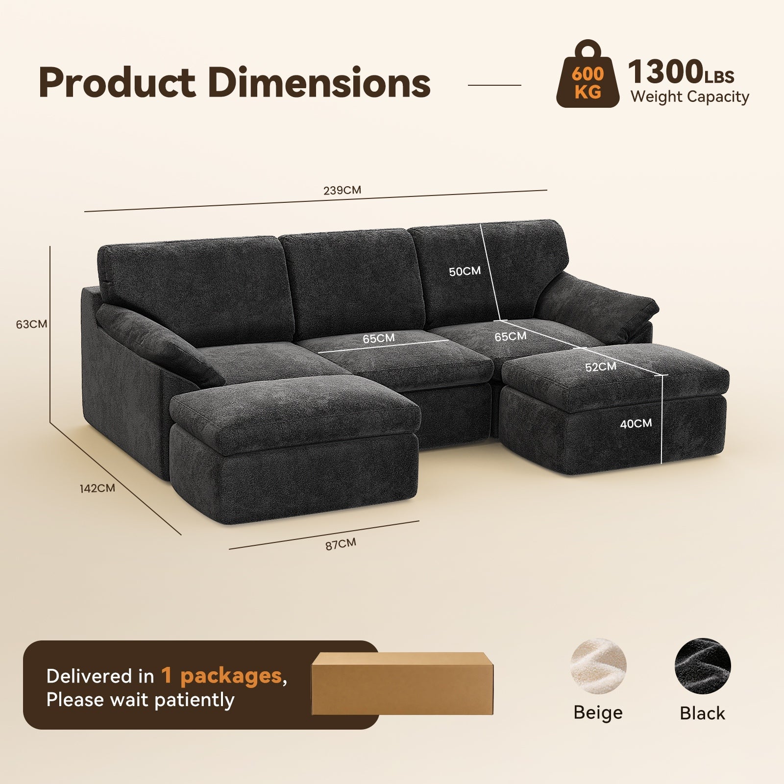5 Seats U-shaped Sectional Sofa Boneless Couch Cloud Comfy Modular Sofa, Flexible Combination, Installation Free