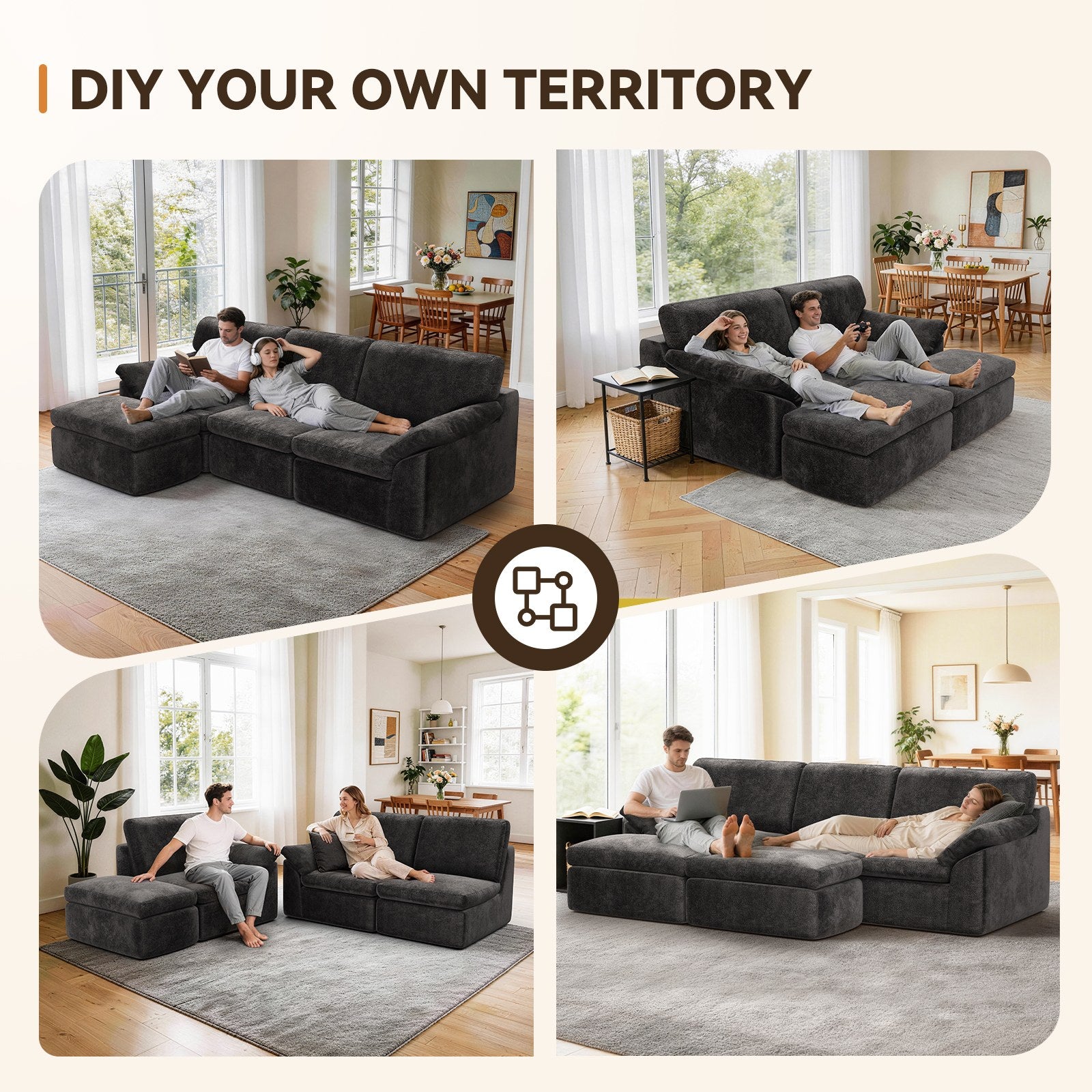 5 Seats U-shaped Sectional Sofa Boneless Couch Cloud Comfy Modular Sofa, Flexible Combination, Installation Free