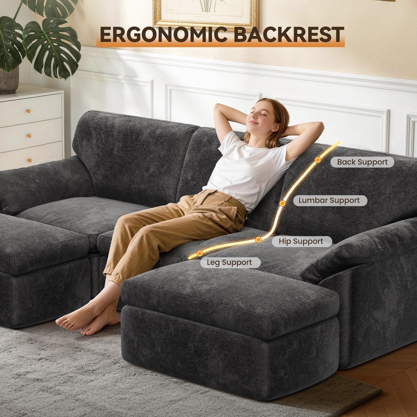 5 Seats U-shaped Sectional Sofa Boneless Couch Cloud Comfy Modular Sofa, Flexible Combination, Installation Free