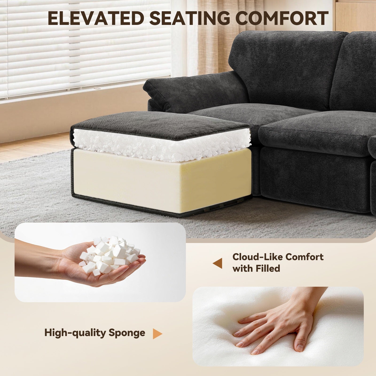 5 Seats U-shaped Sectional Sofa Boneless Couch Cloud Comfy Modular Sofa, Flexible Combination, Installation Free