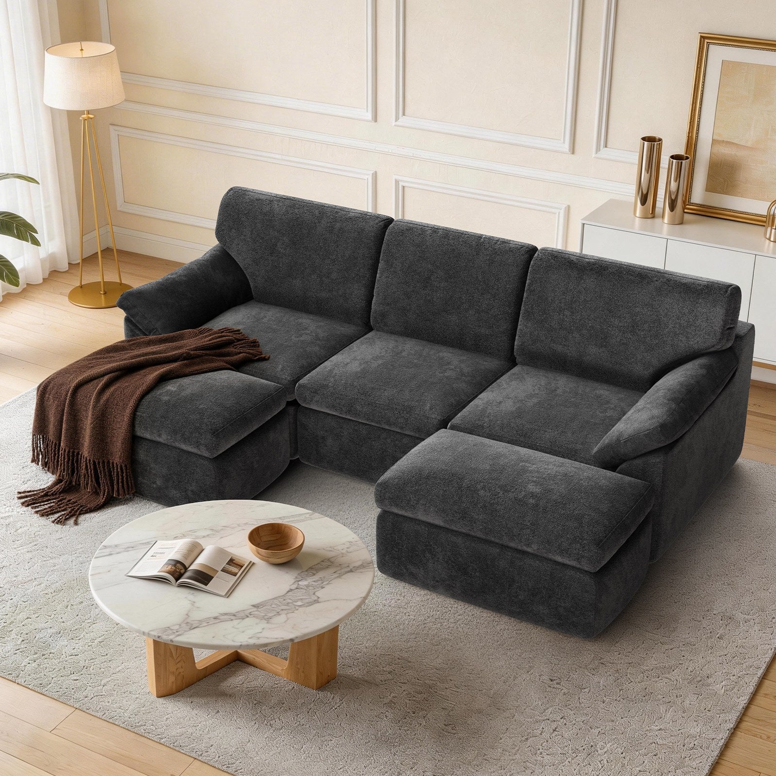 5 Seats U-shaped Sectional Sofa Boneless Couch Cloud Comfy Modular Sofa, Flexible Combination, Installation Free