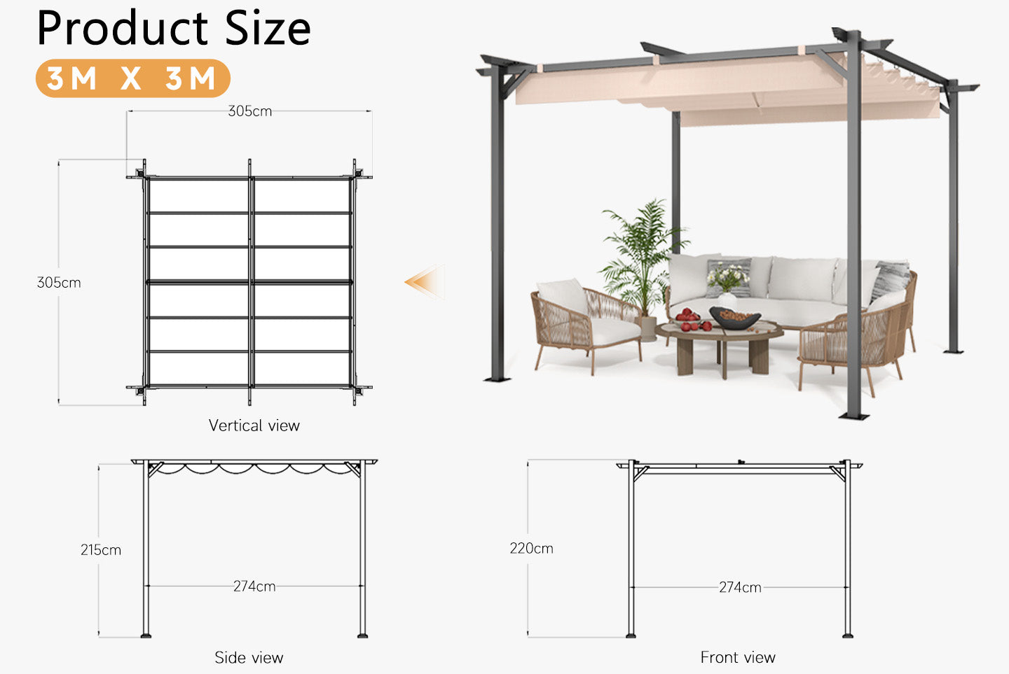 Outdoor Retractable Pergola with Canopy for Garden Lawn Patio Gazebo