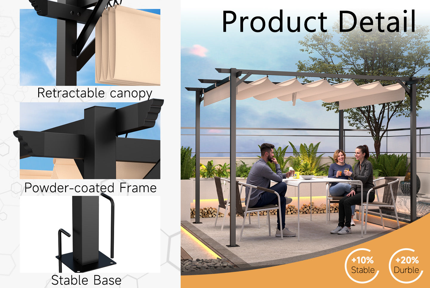 Outdoor Retractable Pergola with Canopy for Garden Lawn Patio Gazebo