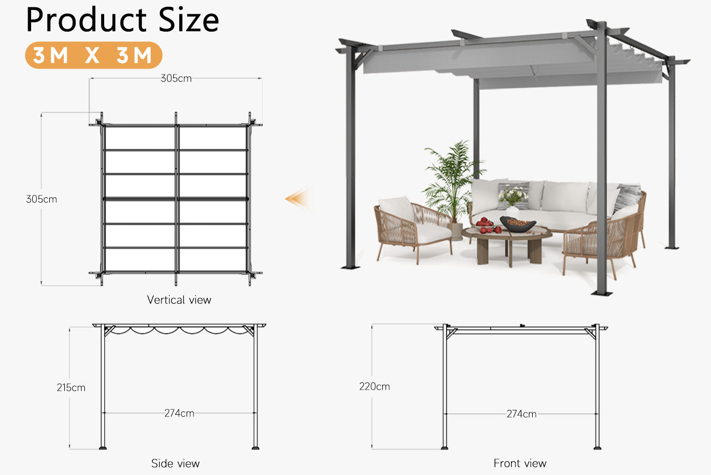 Outdoor Retractable Pergola with Canopy for Garden Lawn Patio Gazebo