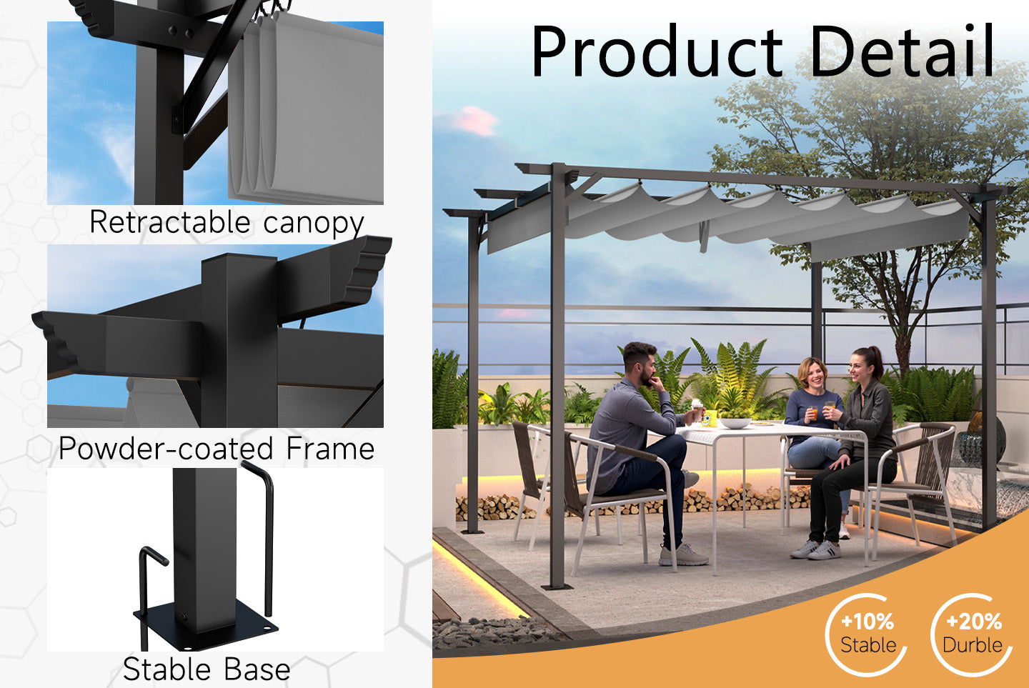 Outdoor Retractable Pergola with Canopy for Garden Lawn Patio Gazebo