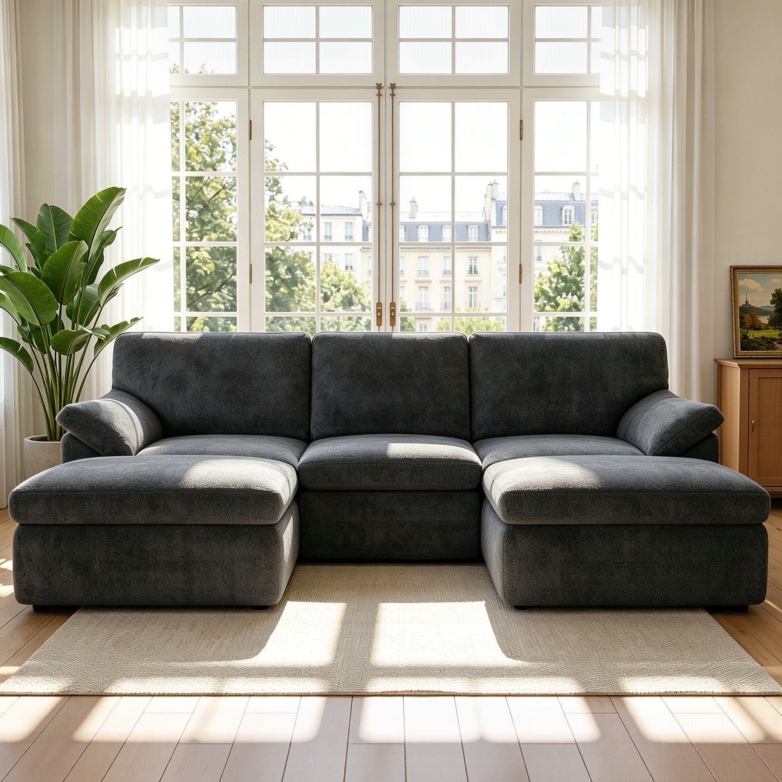 Rattantree Dark Grey 5 Seats U-Shaped Sectional Sofa Boneless Couch Cloud Comfy Modular Sofa Installation Free,