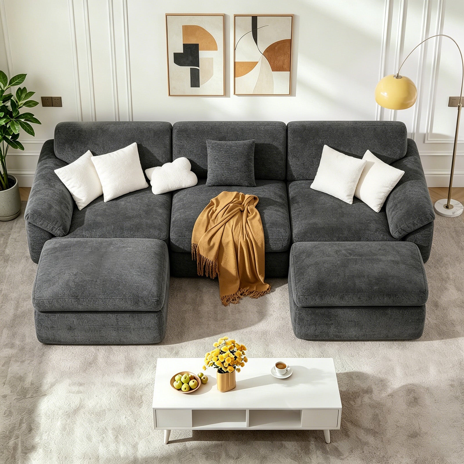 5 Seats U-shaped Sectional Sofa Boneless Couch Cloud Comfy Modular Sofa, Flexible Combination, Installation Free