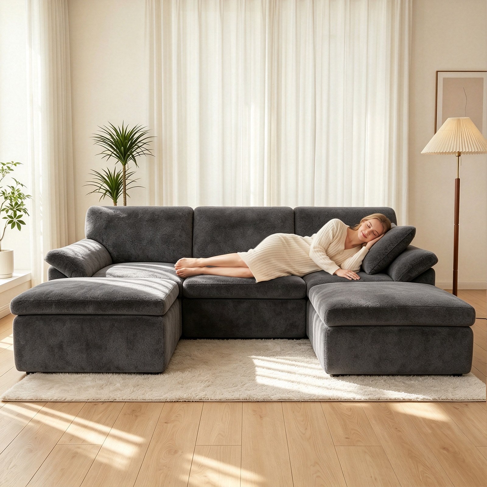 5 Seats U-shaped Sectional Sofa Boneless Couch Cloud Comfy Modular Sofa, Flexible Combination, Installation Free