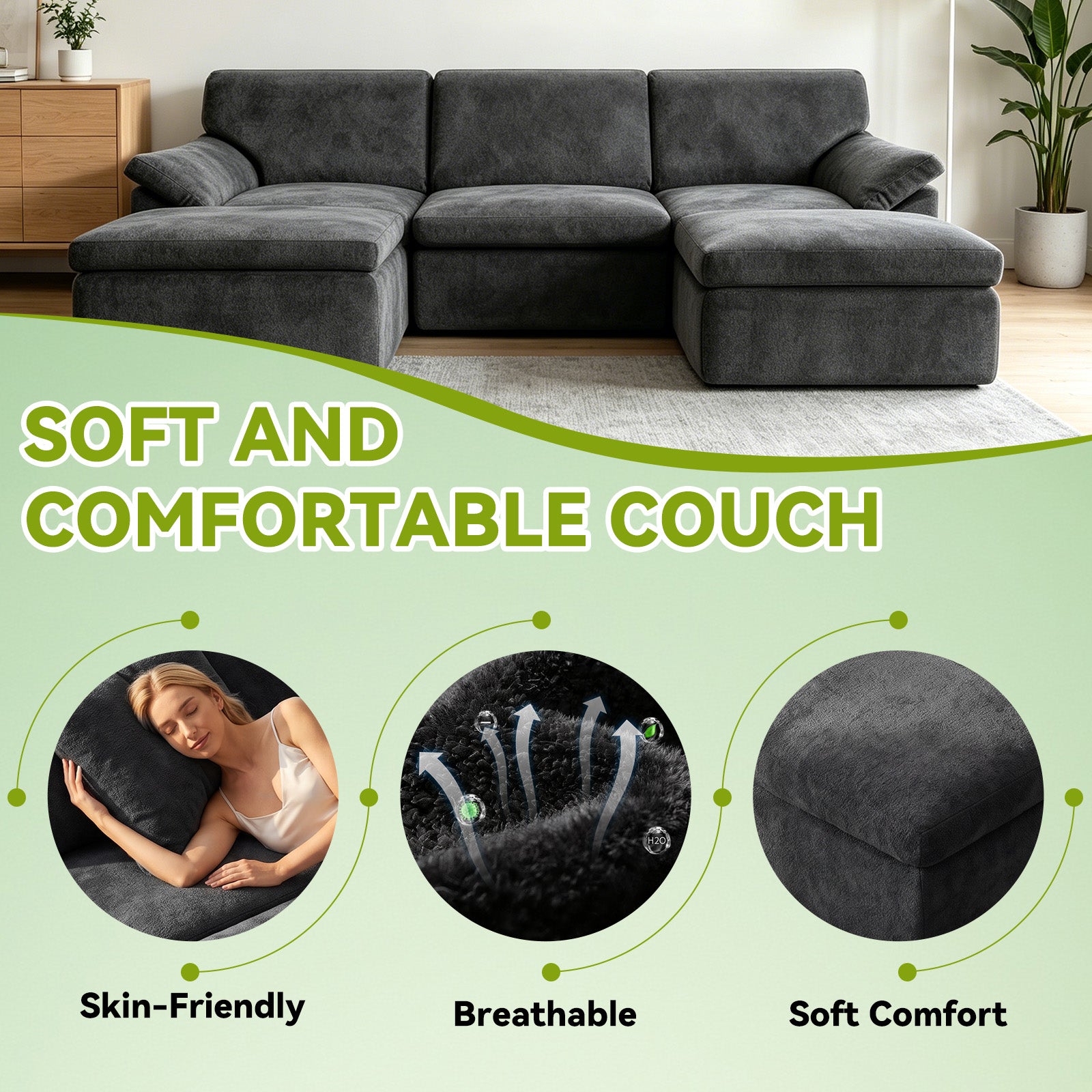 5 Seats U-shaped Sectional Sofa Boneless Couch Cloud Comfy Modular Sofa, Flexible Combination, Installation Free