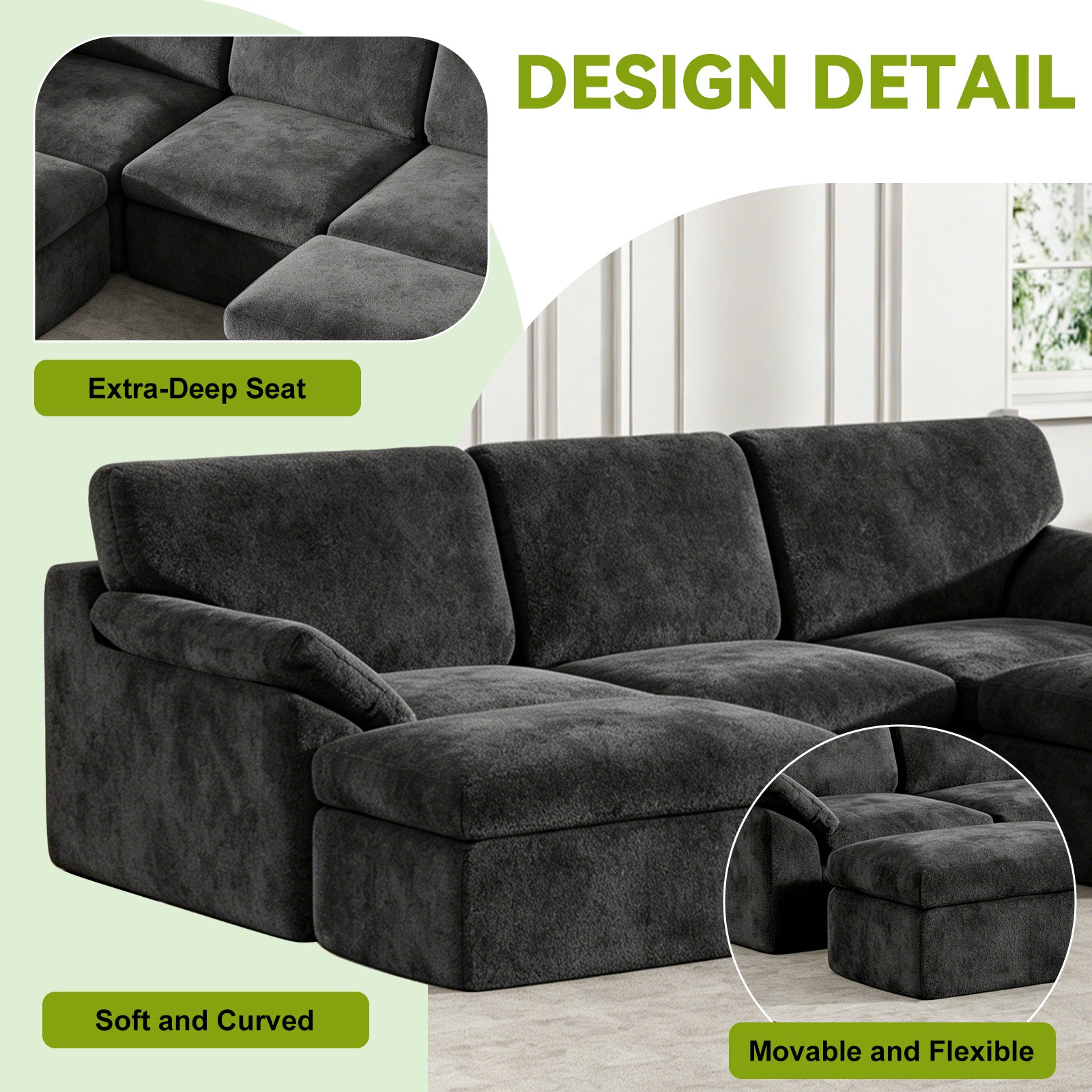 5 Seats U-shaped Sectional Sofa Boneless Couch Cloud Comfy Modular Sofa, Flexible Combination, Installation Free
