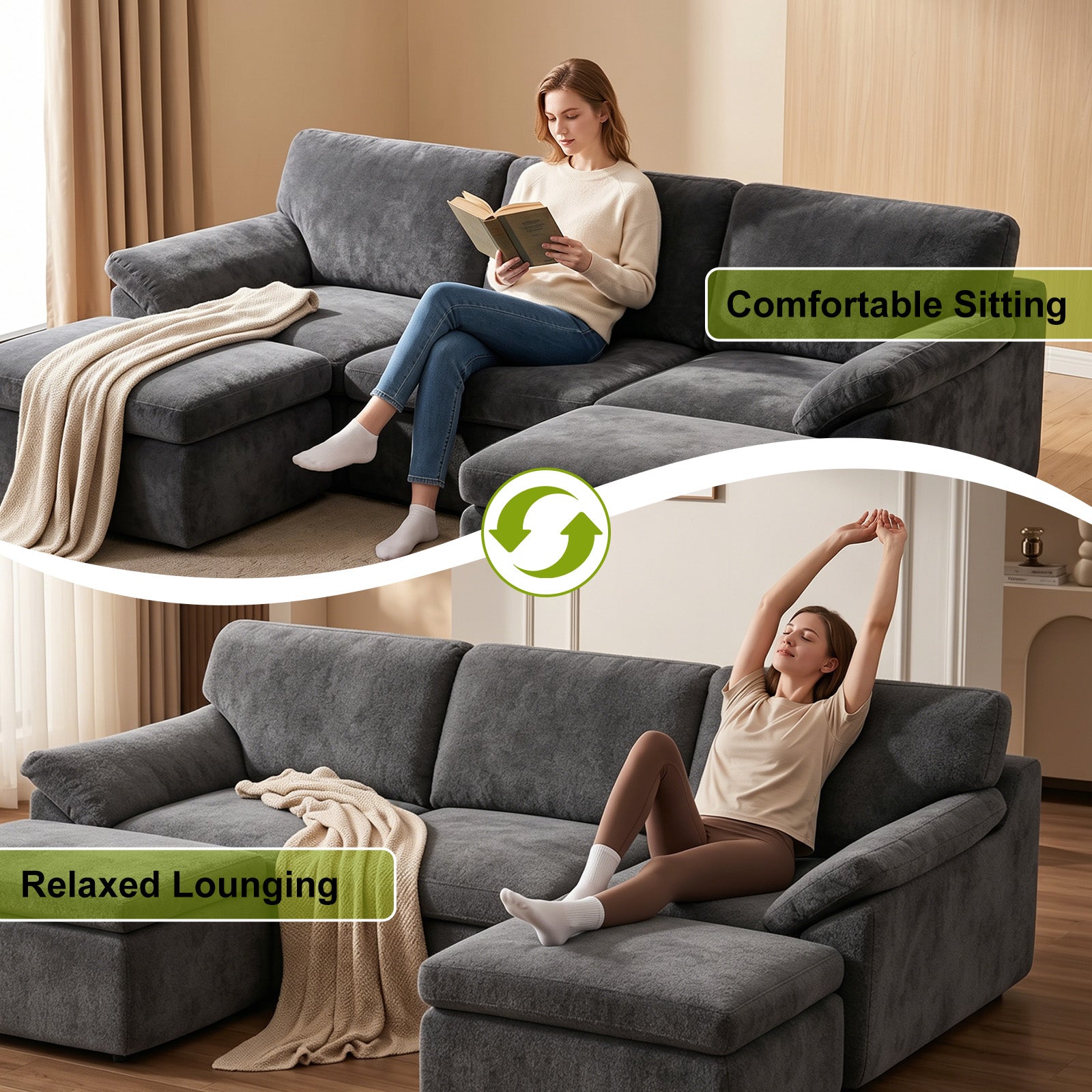 5 Seats U-shaped Sectional Sofa Boneless Couch Cloud Comfy Modular Sofa, Flexible Combination, Installation Free
