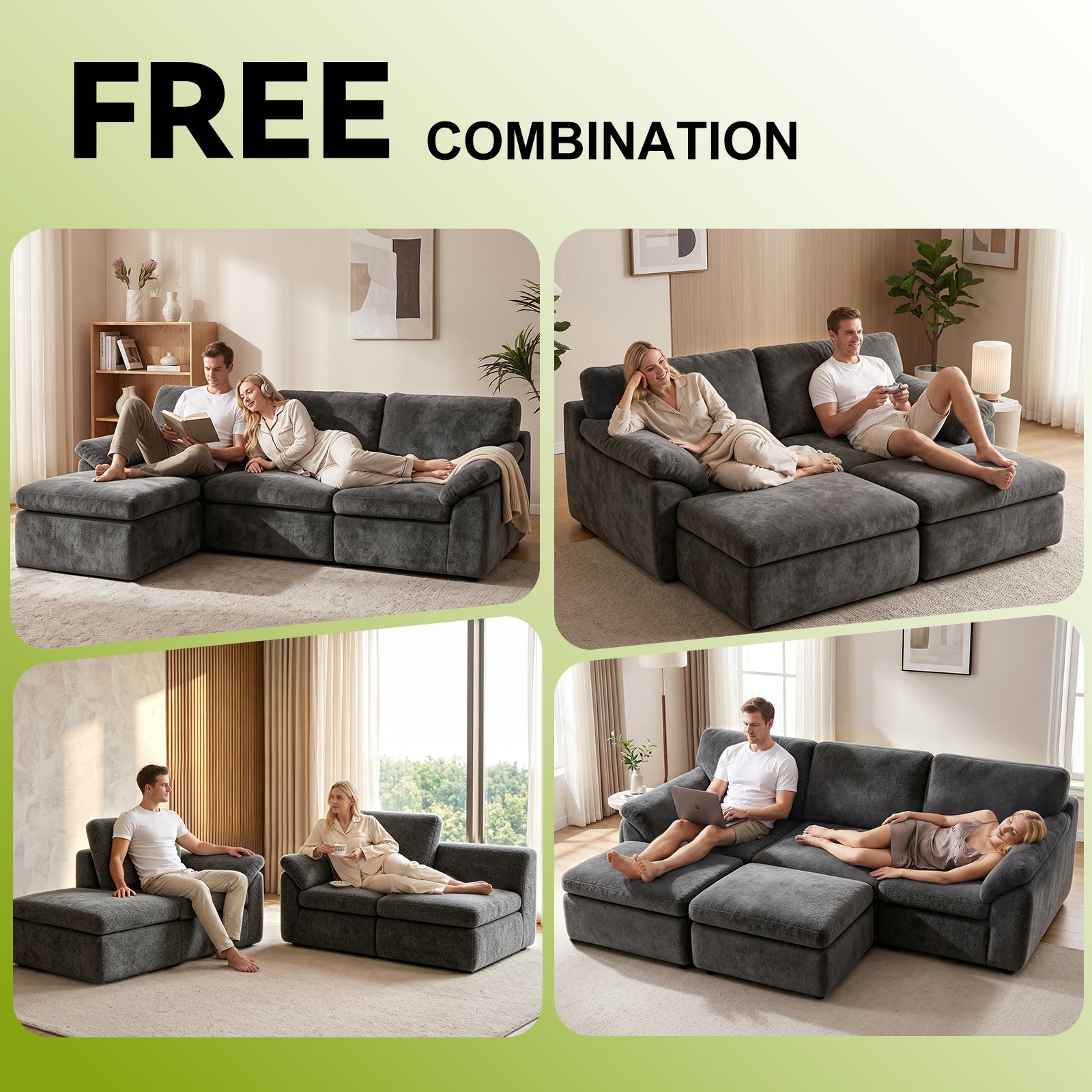 5 Seats U-shaped Sectional Sofa Boneless Couch Cloud Comfy Modular Sofa, Flexible Combination, Installation Free