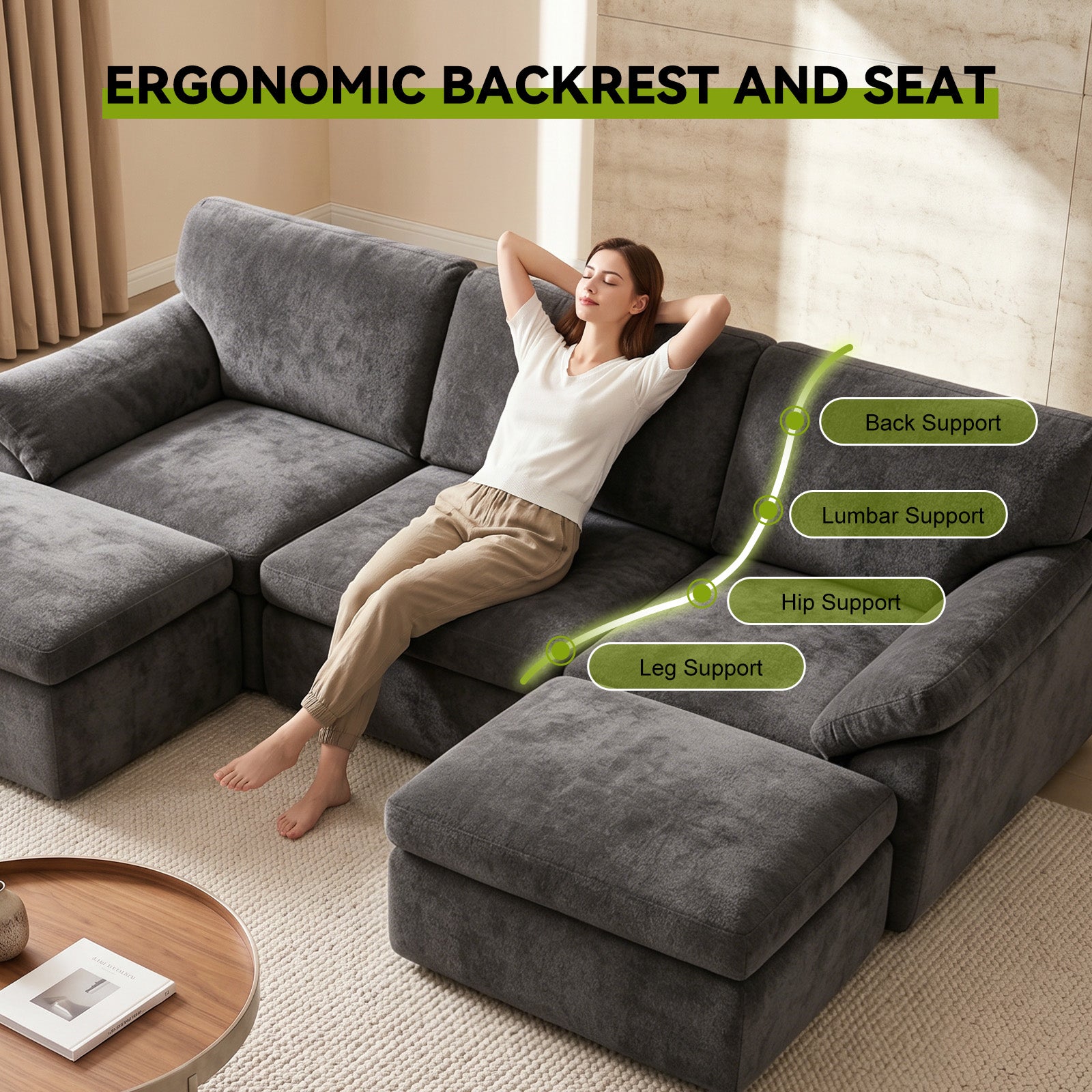 5 Seats U-shaped Sectional Sofa Boneless Couch Cloud Comfy Modular Sofa, Flexible Combination, Installation Free
