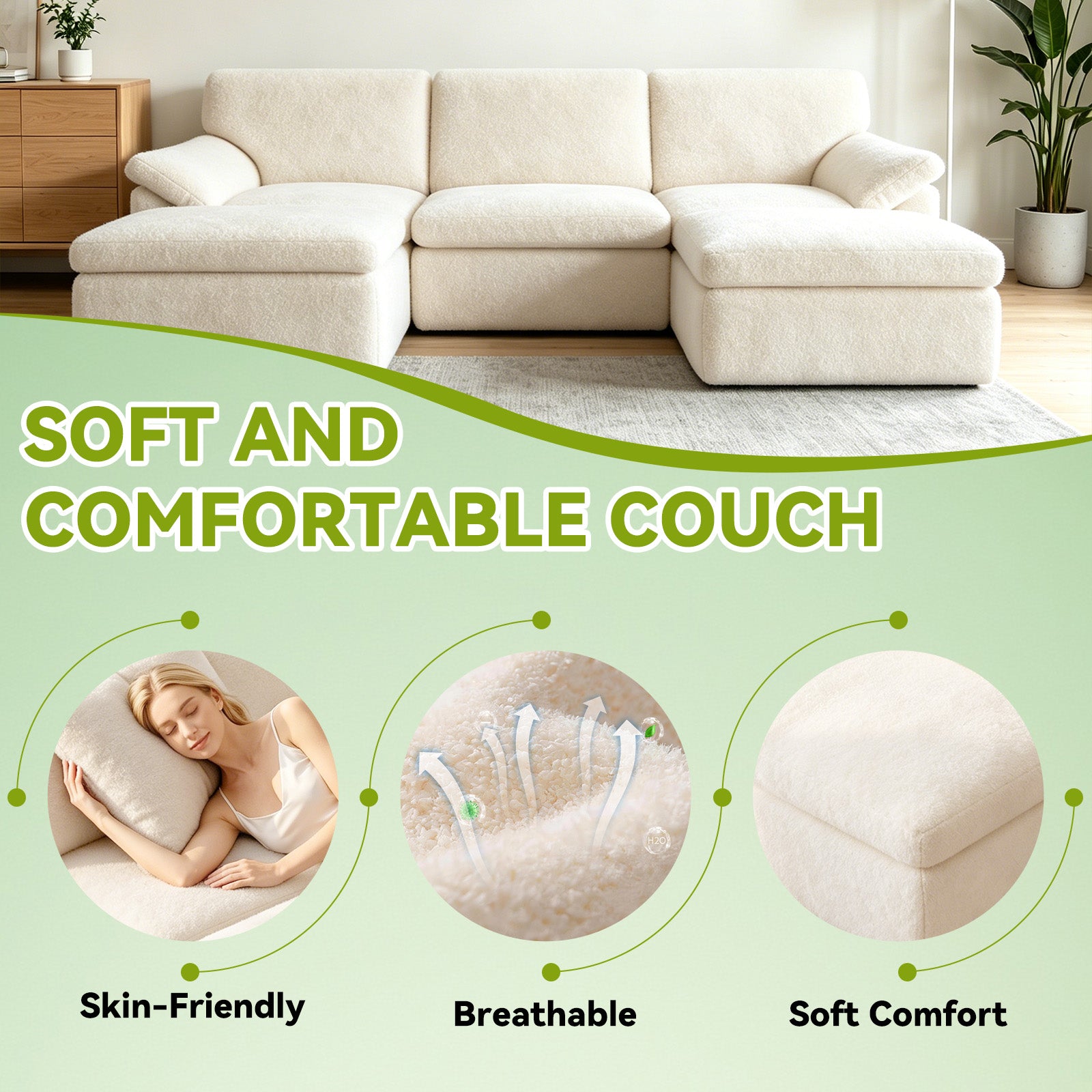 5 Seats U-shaped Sectional Sofa Boneless Couch Cloud Comfy Modular Sofa, Flexible Combination, Installation Free