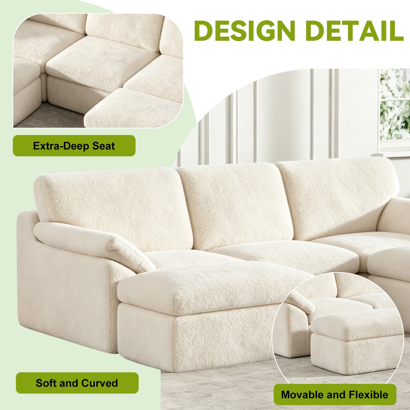 5 Seats U-shaped Sectional Sofa Boneless Couch Cloud Comfy Modular Sofa, Flexible Combination, Installation Free