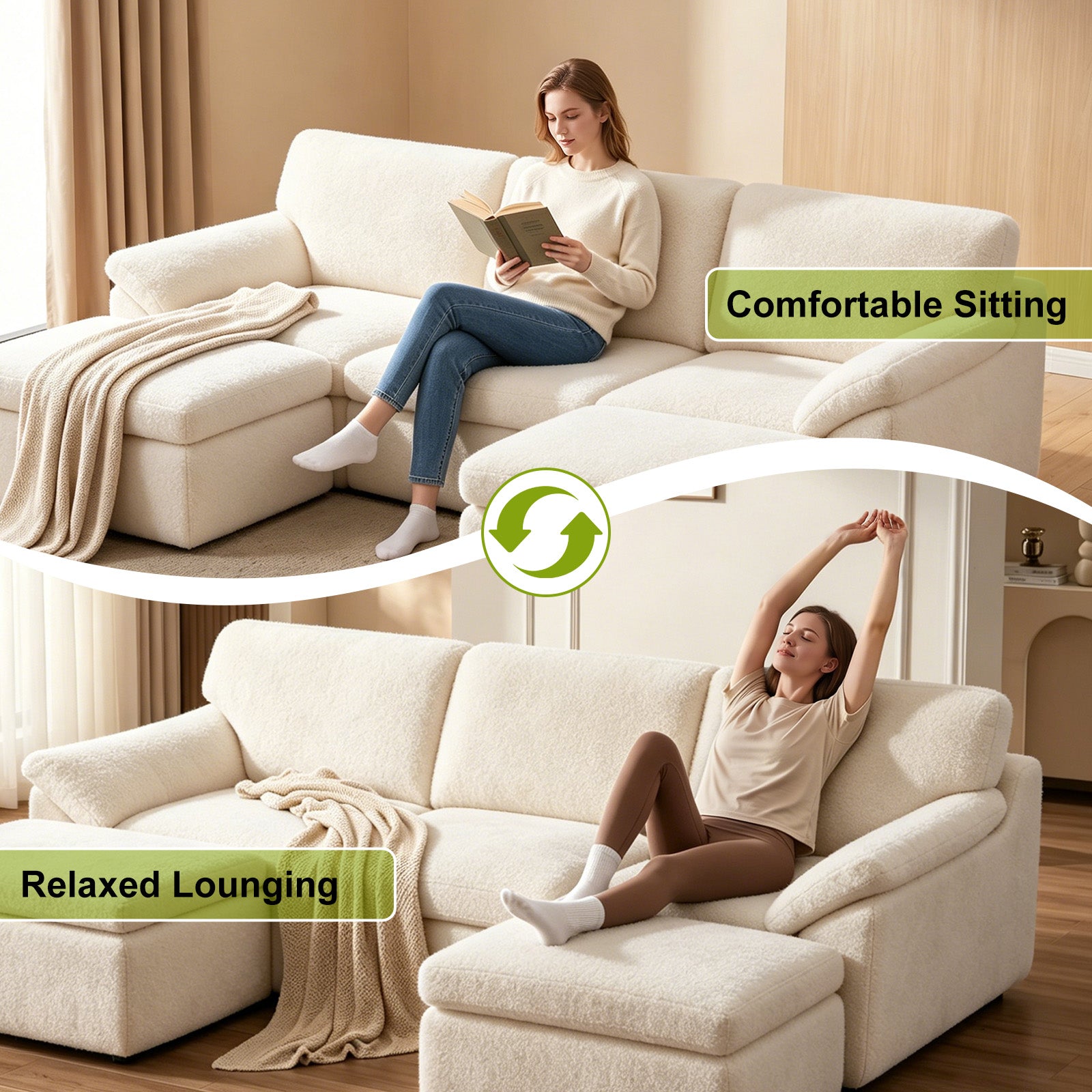 5 Seats U-shaped Sectional Sofa Boneless Couch Cloud Comfy Modular Sofa, Flexible Combination, Installation Free