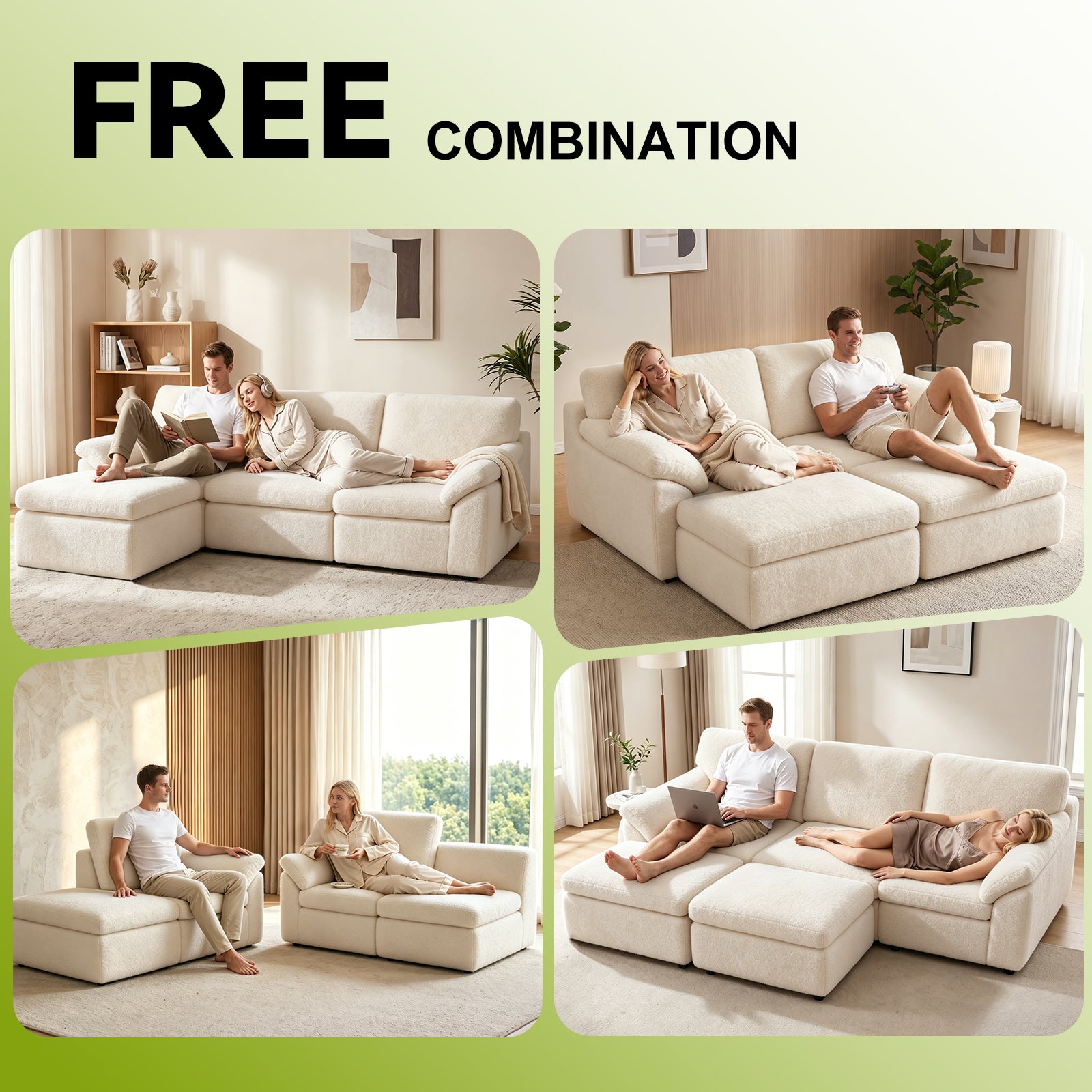 5 Seats U-shaped Sectional Sofa Boneless Couch Cloud Comfy Modular Sofa, Flexible Combination, Installation Free