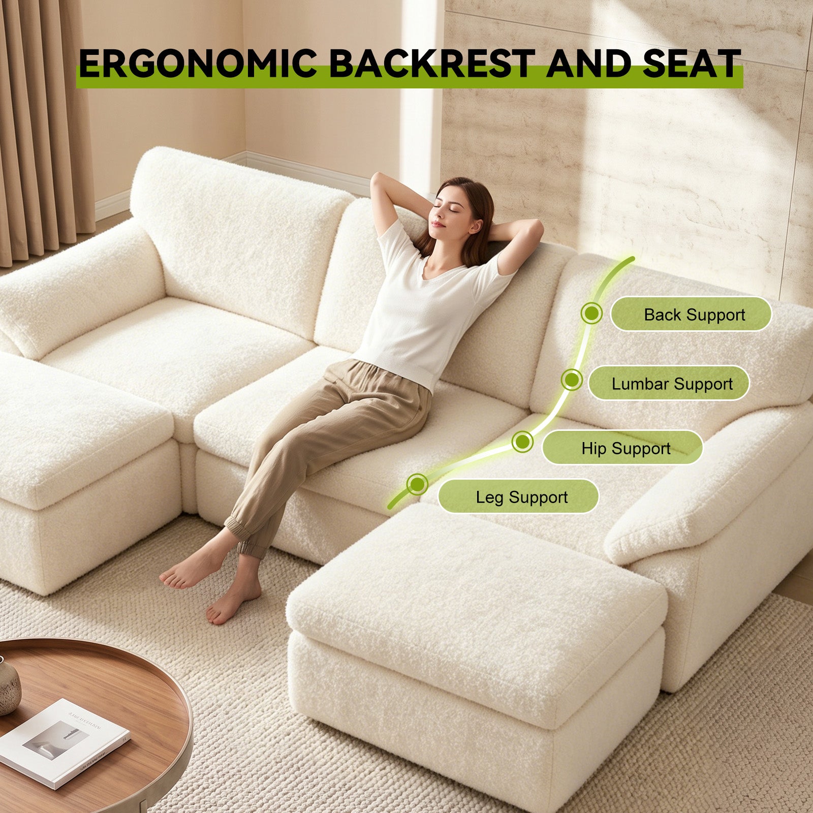 5 Seats U-shaped Sectional Sofa Boneless Couch Cloud Comfy Modular Sofa, Flexible Combination, Installation Free