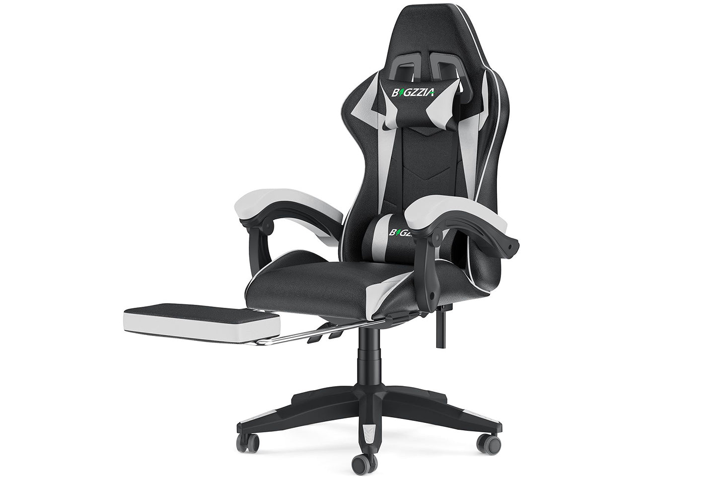 Product photograph of Ergonomic Gaming Chair 155 Reclining Swivel Chair With Headrest Footrest Lumbar Support Pu Leather Office Chair Black White from RattanTree