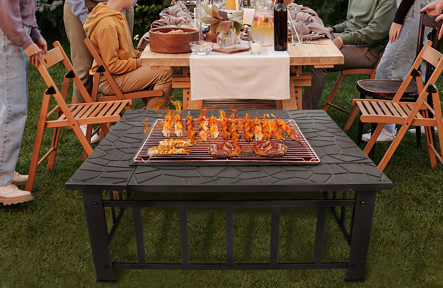 3 in 1 Patio Firepit Table Patio Heater with BBQ Grill, Poker, Lid, Rain Cover for Garden Outdoor