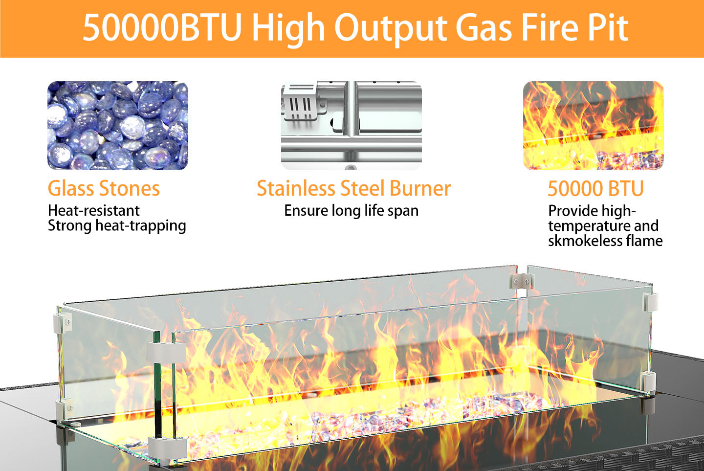 46 Inch 50000 BTU Outdoor Rectangular Rattan Fire Pit Table with Glass Wind Guard for Outside Patio Garden Backyard