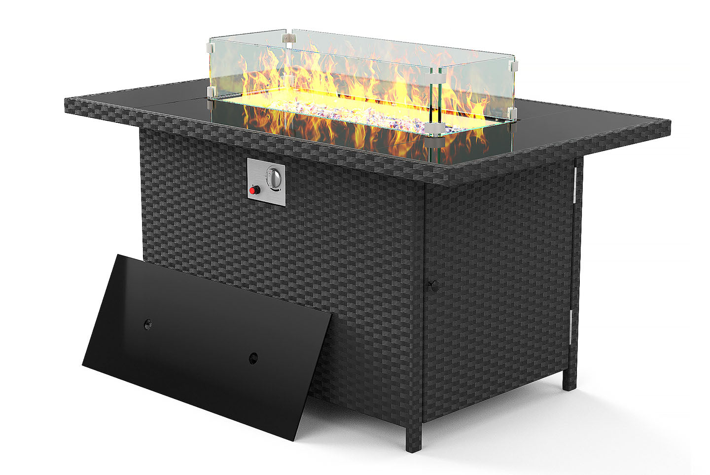 46 Inch 50000 BTU Outdoor Rectangular Rattan Fire Pit Table with Glass Wind Guard for Outside Patio Garden Backyard