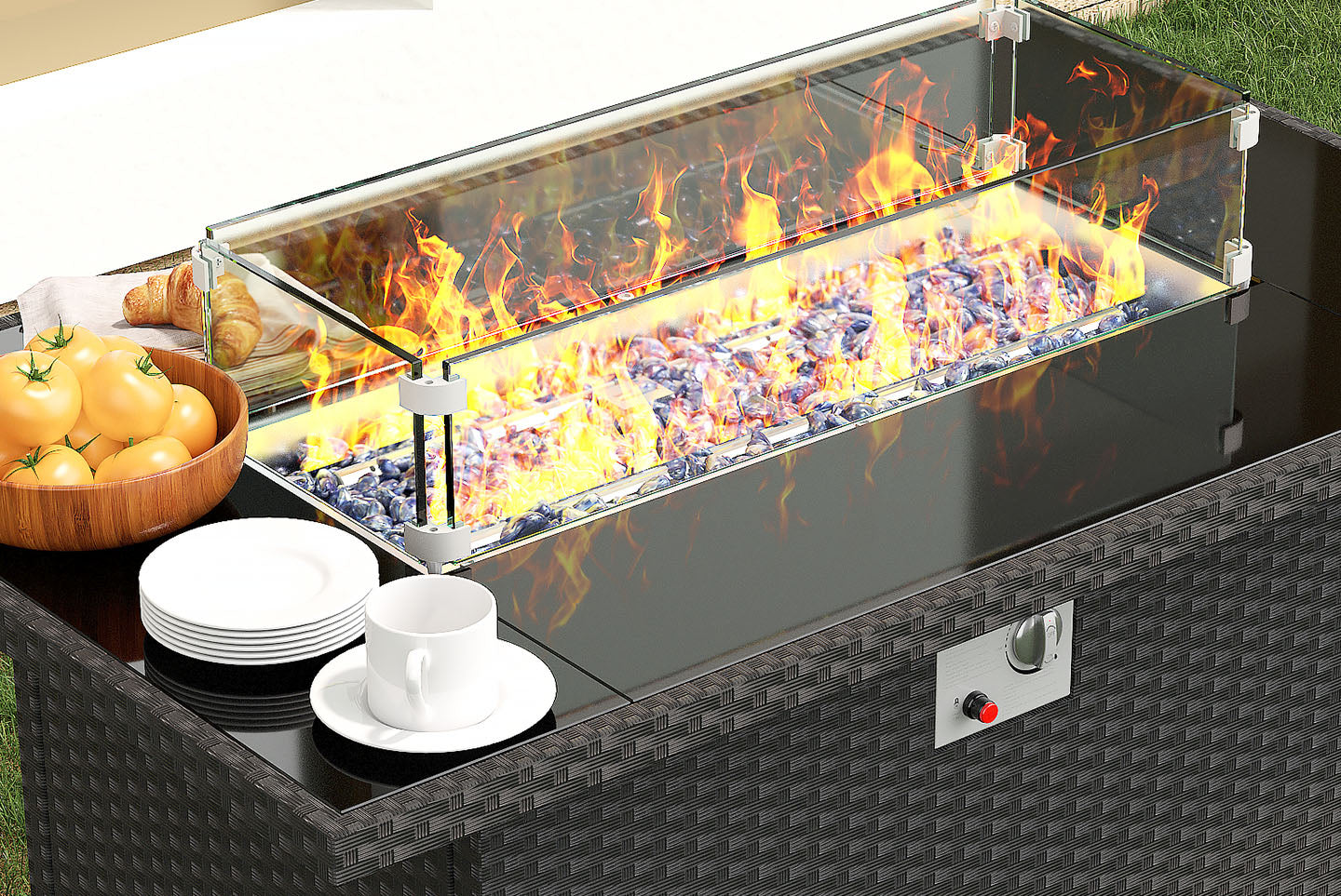 46 Inch 50000 BTU Outdoor Rectangular Rattan Fire Pit Table with Glass Wind Guard for Outside Patio Garden Backyard