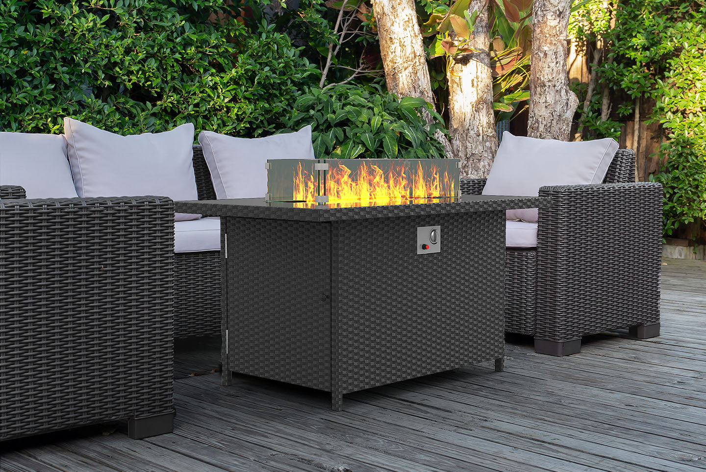 46 Inch 50000 BTU Outdoor Rectangular Rattan Fire Pit Table with Glass Wind Guard for Outside Patio Garden Backyard