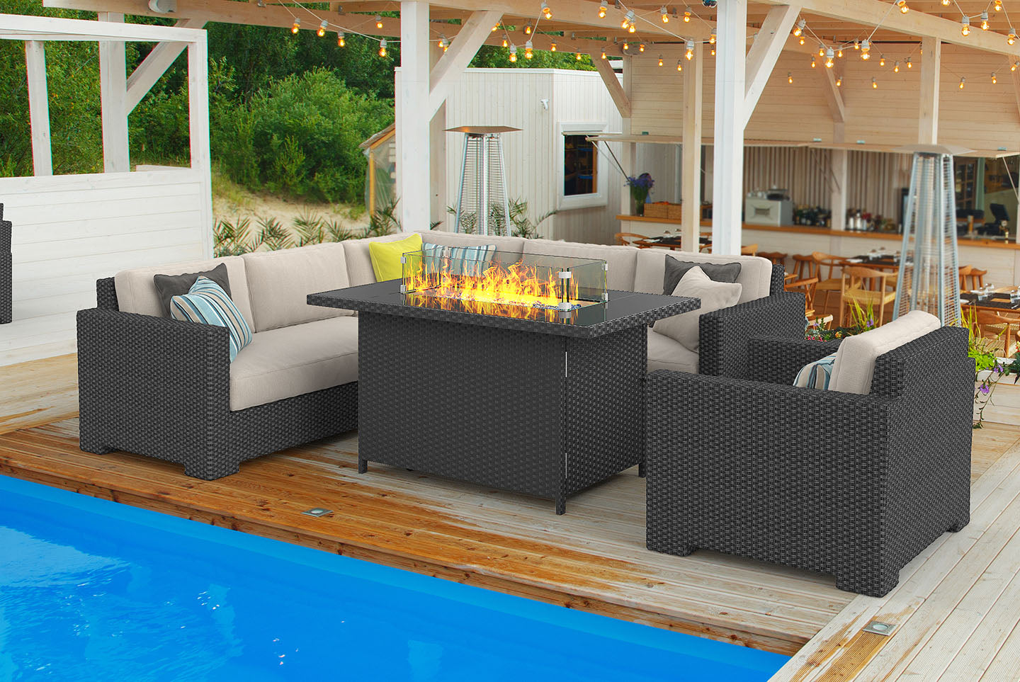 46 Inch 50000 BTU Outdoor Rectangular Rattan Fire Pit Table with Glass Wind Guard for Outside Patio Garden Backyard