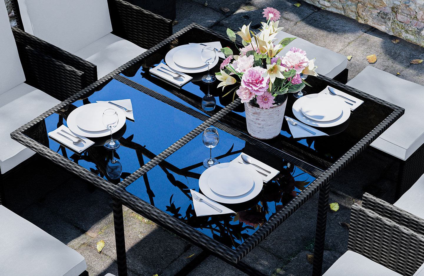 9 Pieces Rattan Garden Furniture Set with 1 Rattan Dining Table and 4 Rattan Chairs