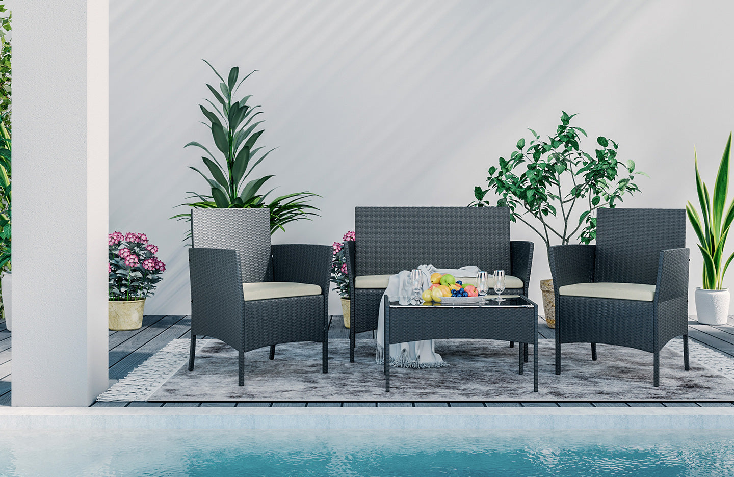 4 Seater Rattan Garden Furniture Set with 2 Single Chairs, 1 Double Sofa and 1 Table