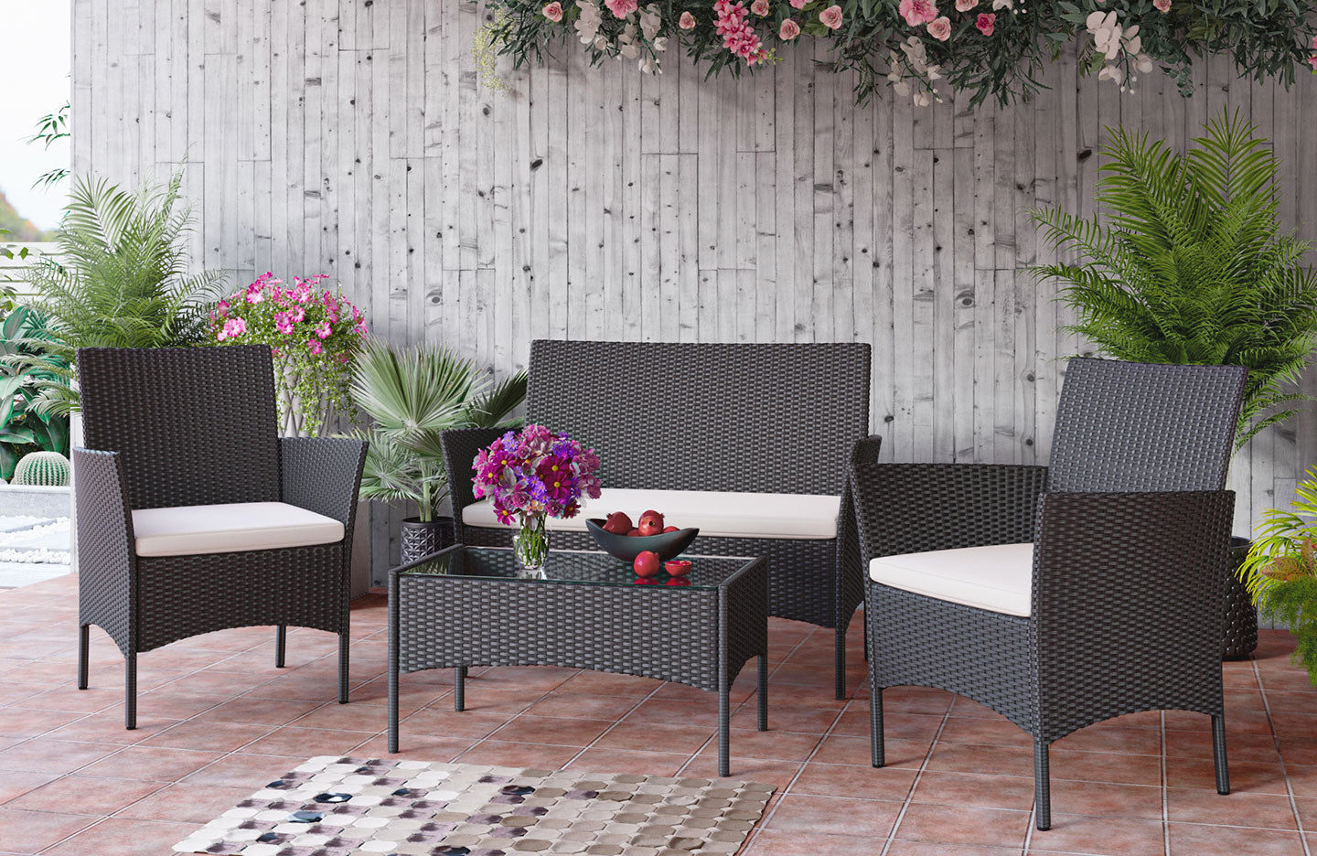 4-Seater Rattan Garden Furniture Patio Conversation Set with 2 Single Chairs, 1 Double Sofa and 1 Table