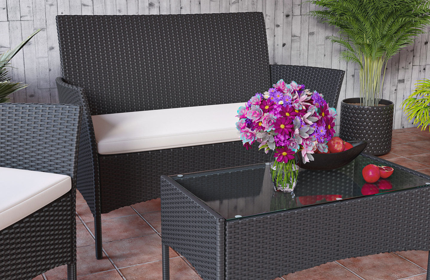 4 Seater Rattan Garden Furniture Set with 2 Single Chairs, 1 Double So